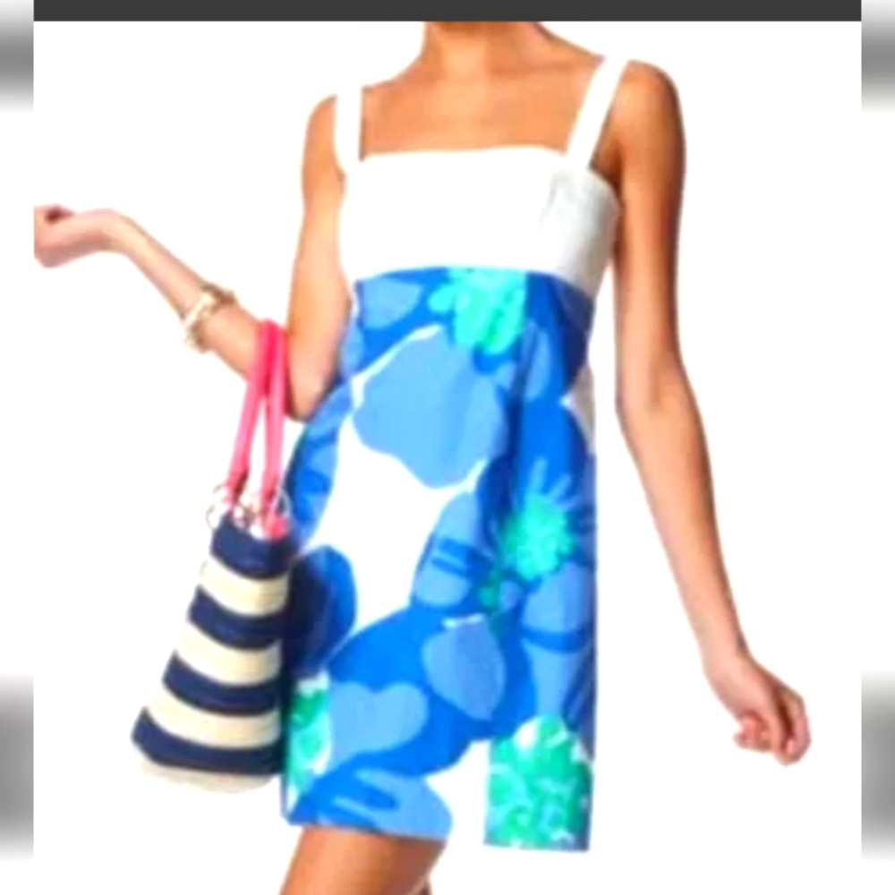 Lilly Pulitzer cotton Yesenia Dress Blue and green floral, lined, 1 in straps 0